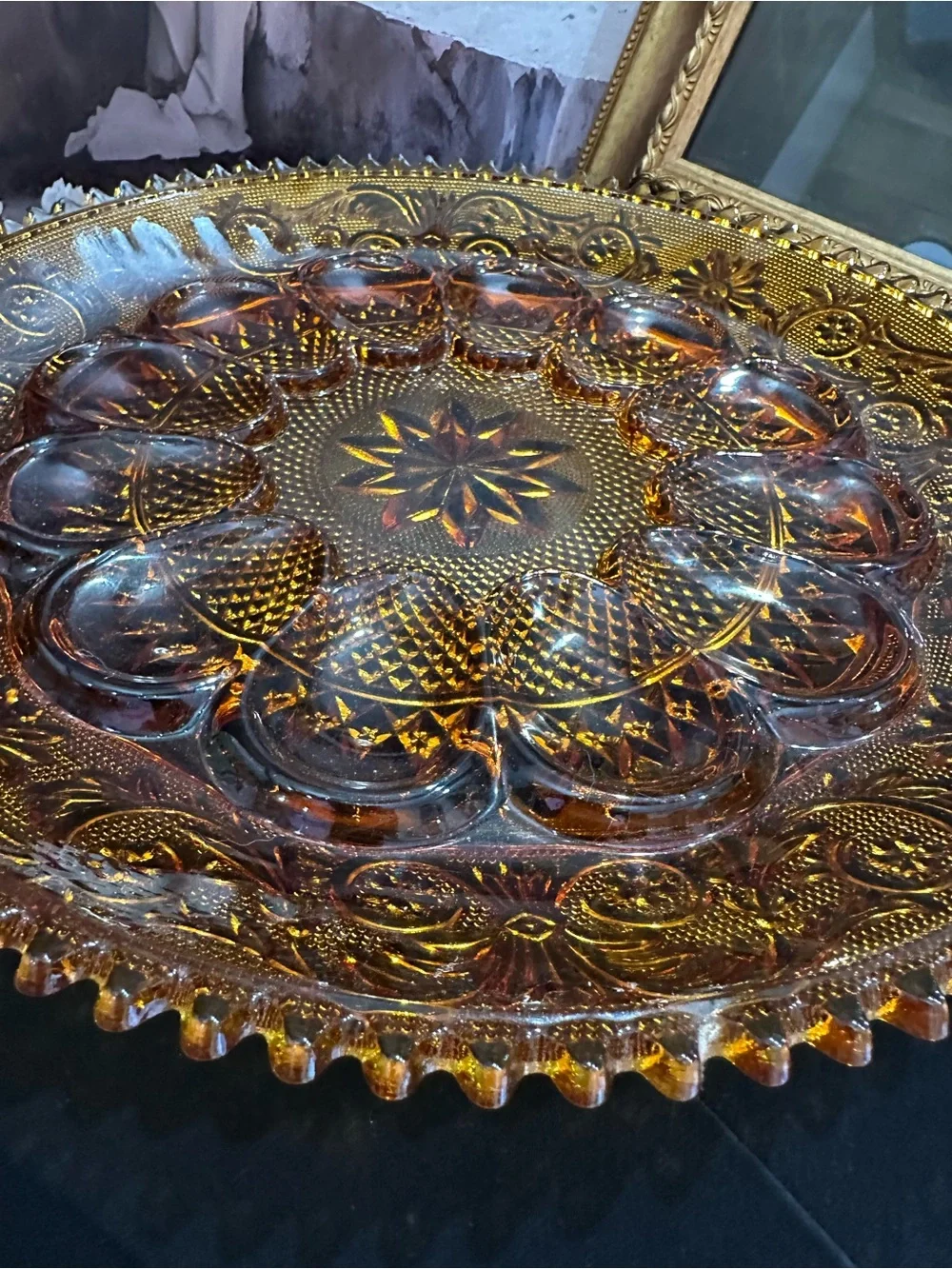 Amber Indiana Glass Hen On Nest w/ Amber glass Tiara pattern deviled egg  plate
